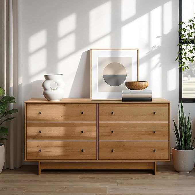 Prepac Finnley 6-Drawer Dresser in Natural Oak, Dresser for Bedroom, Extra-Wide Chest of Drawers with Storage, Modern Clothing Organizer for Home, Bedroom, Living Room, 16" D x 61" W x 31" H