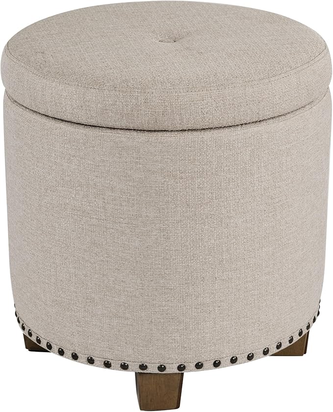 Homepop Home Decor | Upholstered Round Storage Ottoman with Nailheads| Ottoman with Storage for Living Room & Bedroom, Light Brown Fabric