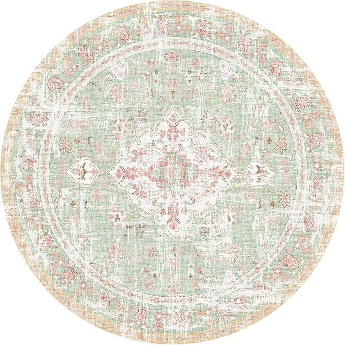 Vhong Boho Area Rugs Vintage Washable Modern Neutral Carpet Green and Pink 9×9 High Traffic Round Rugs for Dinning Room Living Room Bedroom Farmhouse Non Slip