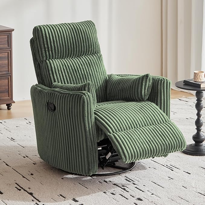 LINSY HOME 360 Swivel Nursery Rocking Chair with 2 Pillows, Corduroy High Back Adult Recliner for Small Spaces, Nursery Glider Rocker Chair, Bedroom Living Room Reclining Chairs (Green)