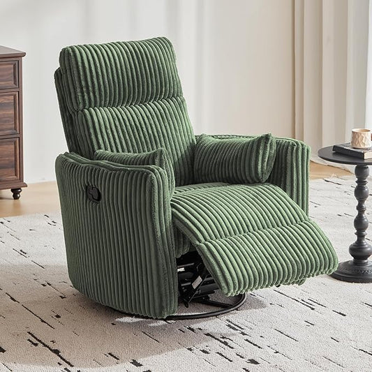 LINSY HOME 360 Swivel Nursery Rocking Chair with 2 Pillows, Corduroy High Back Adult Recliner for Small Spaces, Nursery Glider Rocker Chair, Bedroom Living Room Reclining Chairs (Green)