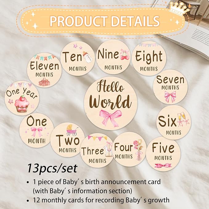 Baby Monthly Milestone Cards Sign - 13 Pcs Double Sided Baby Announcement Signs Bow, Pink Bow Wooden Milestone Circles Discs for Photo Props, Birth Announcement Marker Girl, Babies Welcome Card Gift