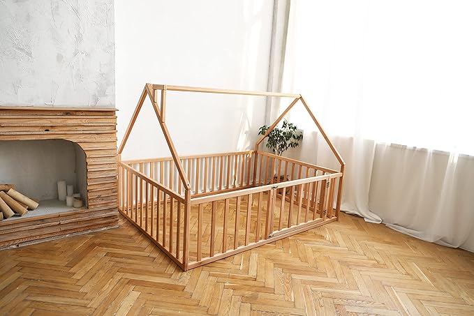 BUSY WOOD Montessori Bed with Railings - Floor Twin Bedframe for Toddlers 1-3 - Full Size Montessori Floor Bed, Queen, King, Small - 7 Colors (Model 17)