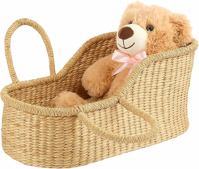 Doll Bassinet Handwoven Seagrass Moses Basket Portable Doll Carrier Natural Wicker Bassinet for Plush Bears, Shower Gift Decor, Photo Prop, Diaper Caddy