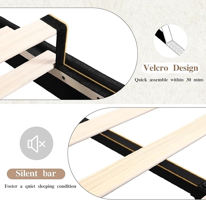 VECELO Queen Bed Frame with Type-C & USB Ports, Upholstered Platform Height-Adjustable Cotton and Linen Headboard, No Box Spring Needed, Noise-Free, Easy Assembly, Dark Gery