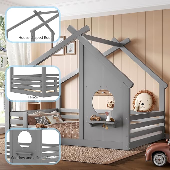 Polibi Full Size Floor Bed with House-Shaped Roof,Window and a Small Shelf, Solid Wood Low Profile Floor Bed for Kids, No Box Spring, Grey