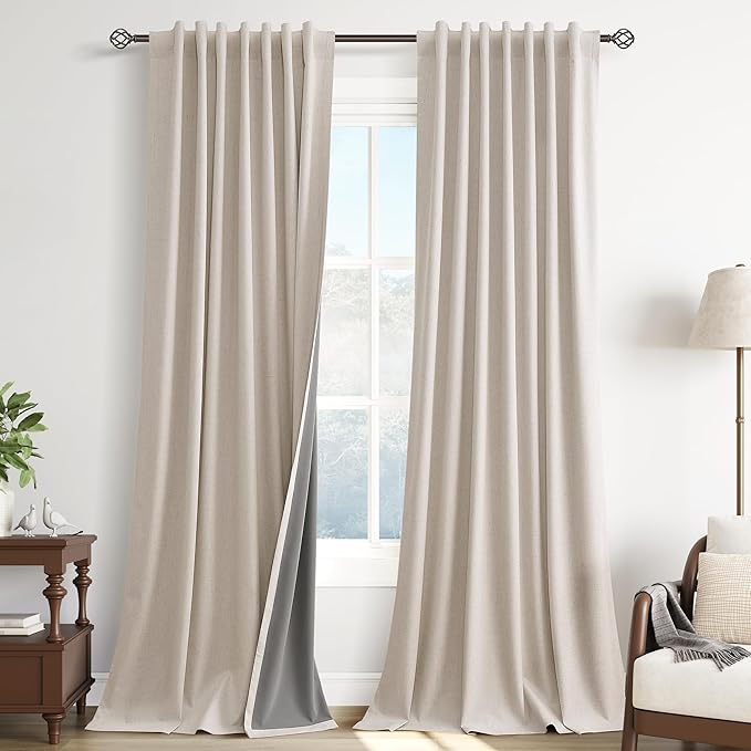 Guken Linen 100% Blackout Curtains 96 Inches Long 2 Panels Set Linen Back Tab Country Farmhouse Natural Black Out Thermal Insulated Soundproof Primitive Living Room Bedroom Nursery 52x96 8Ft