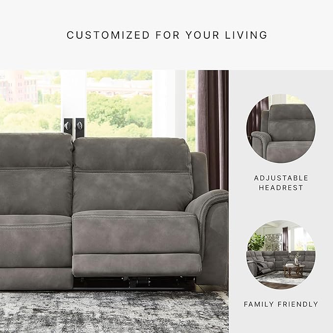 Signature Design by Ashley Next-Gen DuraPella Power Reclining Sofa, USB, Extended Ottoman, Water Repellent Faux Leather, 80" W x 42" D x 42" H, Slate Gray