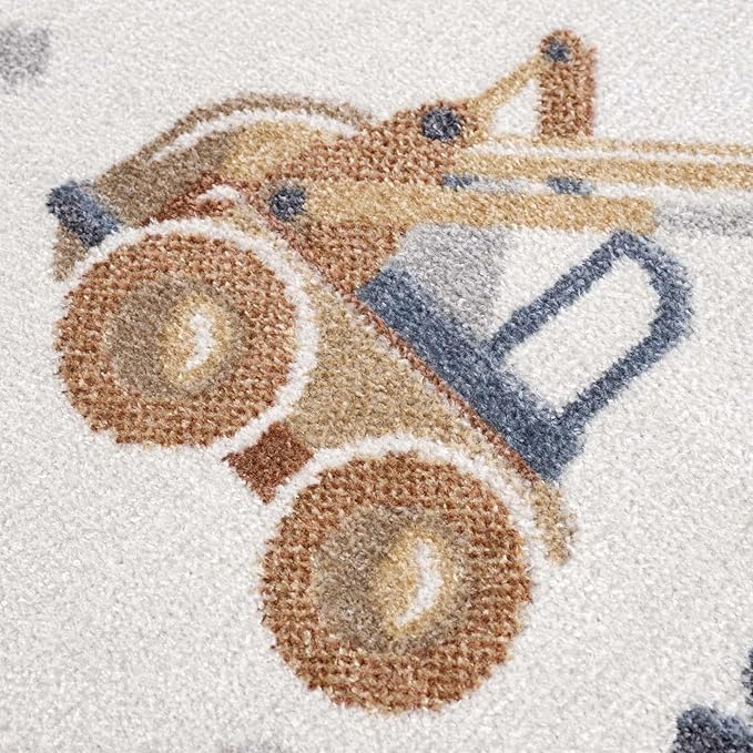 Hauteloom Mochi Kids Room, Nursery Machine Washable Area Rug - Construction Vehicles Machines - Cream, Brown, Beige - 6'7" x 9'