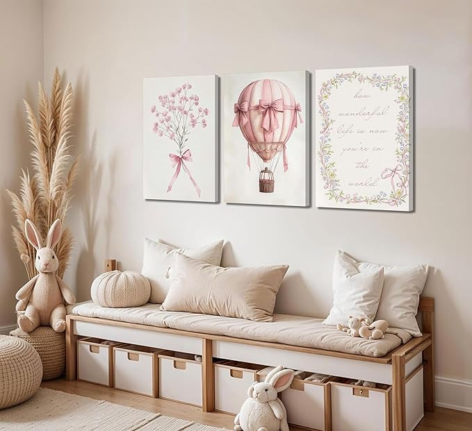 3Pcs Pink Nursery Canvas Wall Art Pictures Cute Baby Girls Room Posters Print Neutral Pink Bow Bouquet Hot Air Balloon Pastel Painting Wall Decor for Kids Room Little Girl Bedroom 16x24in Framed