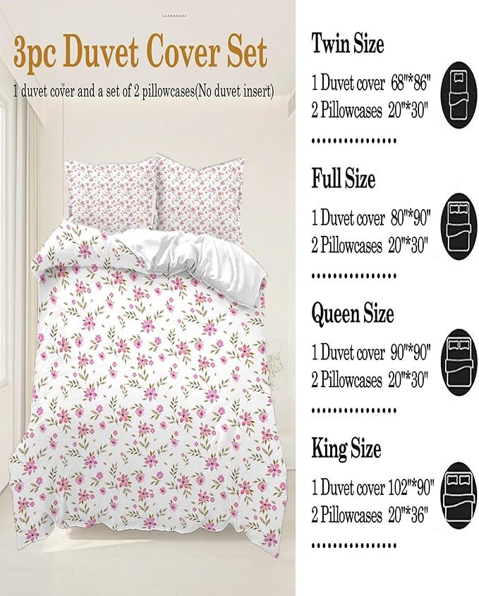 Floral Girls Duvet Cover Twin Size Pink Floral Duvet Cover Chic Garden Flower Bedding Sets Lightweight Soft Aesthetic Flower Comforter Cover 1 Twin Duvet Cover with 2 Pillowcases, No Comforter
