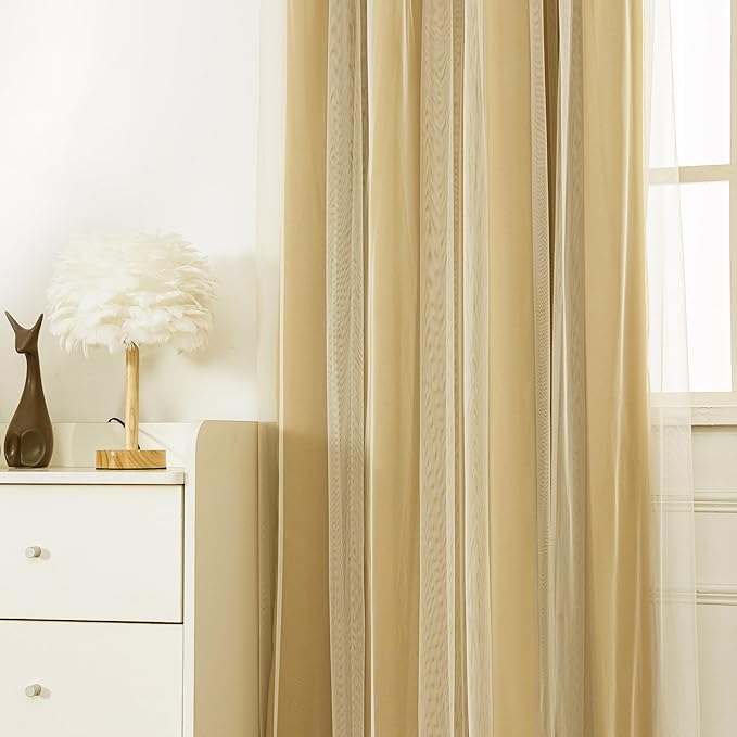 INLINAS Gold Blackout Curtains with Sheer Overlay - Grommet Top Thermal and Noise Reduction Panels for Bedroom and Living Room Light Blocking and Energy Saving, 52 x 72 Inches, Set of 2
