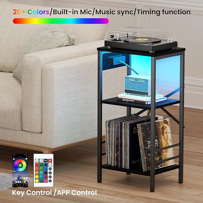 Record Player Stand with Charging Station, 3-Tier End Table with LED Light, Side Table Nightstand for Vinyl Storage,Tall Beside Tables Turntable Stand Living Room, Bedroom, Black