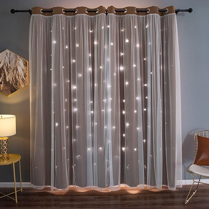 Kinryb Star Cutout Blackout Curtains Double Layer Curtains with Durable Sheer Curtains for Bedroom Thermal Insulated Window Treatment Set with 2 Free Tiebacks (52W x 72L 2 Panels Coffe)