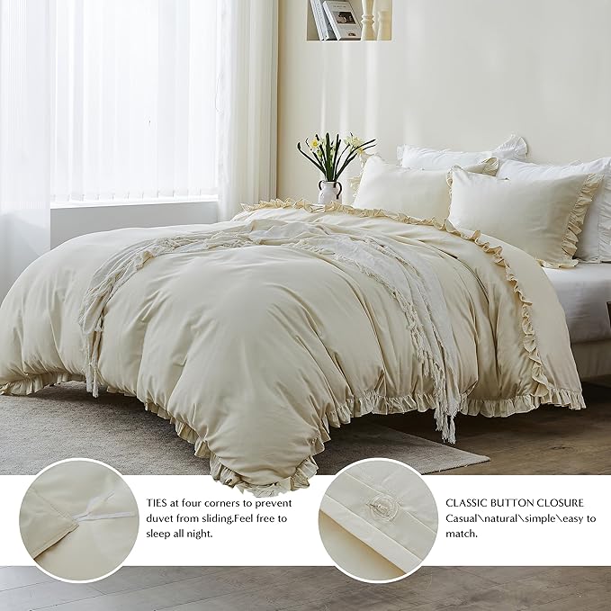 Simple&Opulence Kids 100% Organic Cotton Twin Duvet Cover Ruffle 2Pcs(1 Comforter Cover 1 Pillowcase) Cute Lace Vintage Boho Shabby Chic Farmhouse Bedding Set Teen Girls(Beige, Twin)