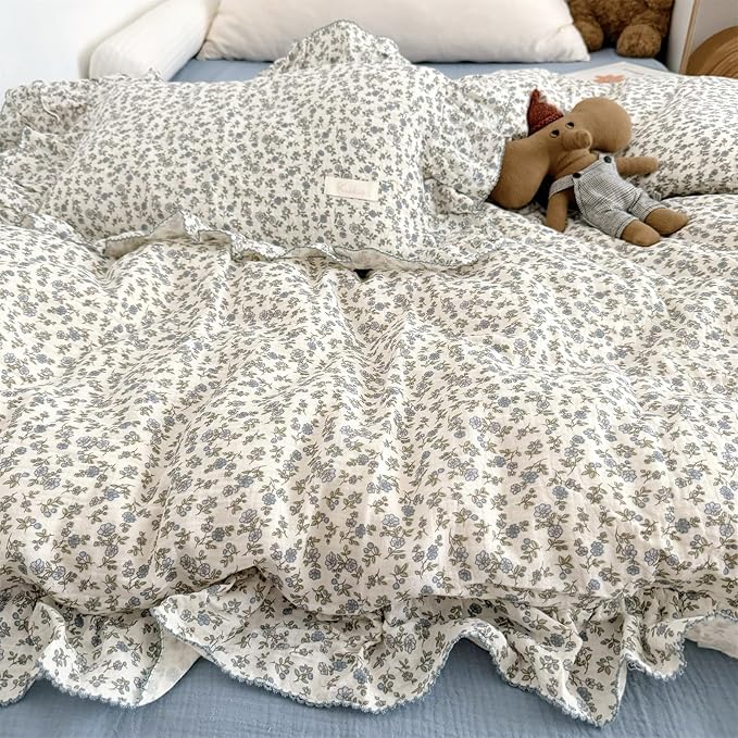 AOJIM Blue Floral Muslin Cotton Kids Duvet Cover 1Piece, Super Soft Breathable Toddler Comforter Cover 47X59 inches, Vintage Bed Decor Durable Boys Girls Duvet Cover with Ruffle Design, No Pillowcase