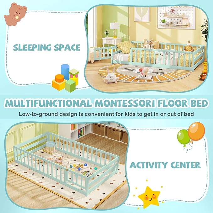 Giantex Twin Floor Bed with Door & Fence, Kids Wood Montessori Beds with Safety Guardrails, Floor Bed Twin for Kids, Boys, Girls, No Box Spring Needed, Mint Sky
