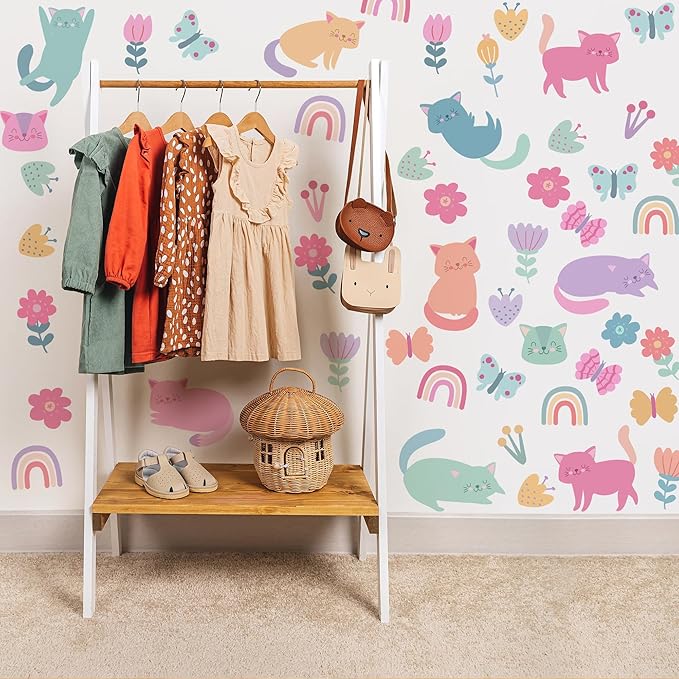 Cat Wall Decals - Girl Nursery Decor, Colorful Pet Cat Butterfly Rainbow Decal,Removable Vinyl Art Murals for Living Room Baby Rooms Bedroom Toilet House Wall DIY Decoration