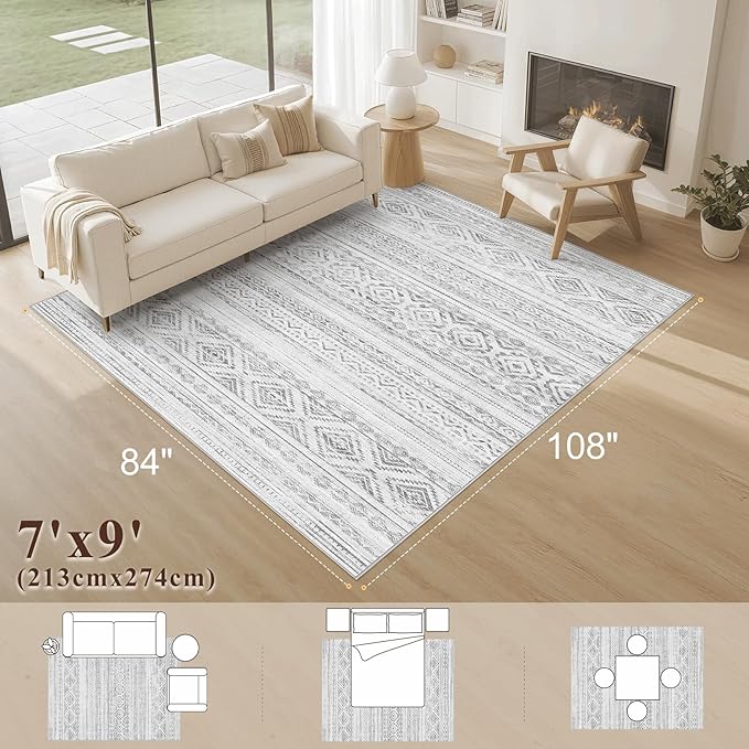 Area Rugs for Living Room Washable Living Room Rug Soft Neutral Indoor Floor Carpet Non-Slip Stain Resistant Modern Boho Rugs for Bedroom Dining Room Kids Room Nursery Office Home Light Grey