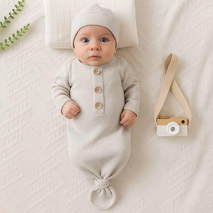 OPAWO Knotted Gown Baby Newborn Sleepers Baby Boy Coming Home Outfit, Bamboo Viscose Baby Gowns with Mitten Cuffs and Hat Set