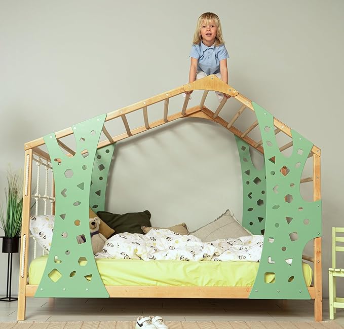 BUSY WOOD Monkey Bed – Twin Frame with Storage & Desk – Montessori Indoor Gym for Kids – Jungle Playground with Drawers & Foldable Table