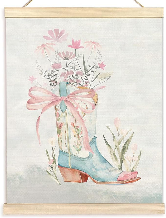 BESERH Coquette Western Wall Art Posters, Cowgirl Room Wall Decor, Preppy Pink Bow Floral Cowgirl Boots Western Canvas Prints Artwork Framed for Girls Bedroom Dorm Apartment, 12x16 Inch
