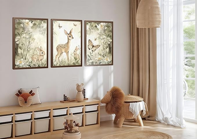 3Pcs Woodland Animal Nursery Canvas Wall Art Cute Forest Animal Wall Decor Pictures Deer and Butterfly Wildflowers Posters Prints for Nursery Bedroom Kids Room Home Decoration Unframed Posters 12X16in