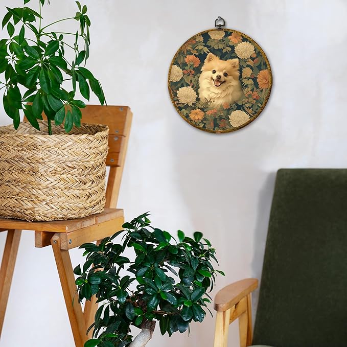Hiuwevt Vintage Floral Pomeranian Round Wall Art Decor, Pomeranian Gifts for Women Framed Canvas Prints, Cottagecore Flower Dog Round Wall Hanging Decor for Home Bedroom Room Decorations, 10x10 Inches