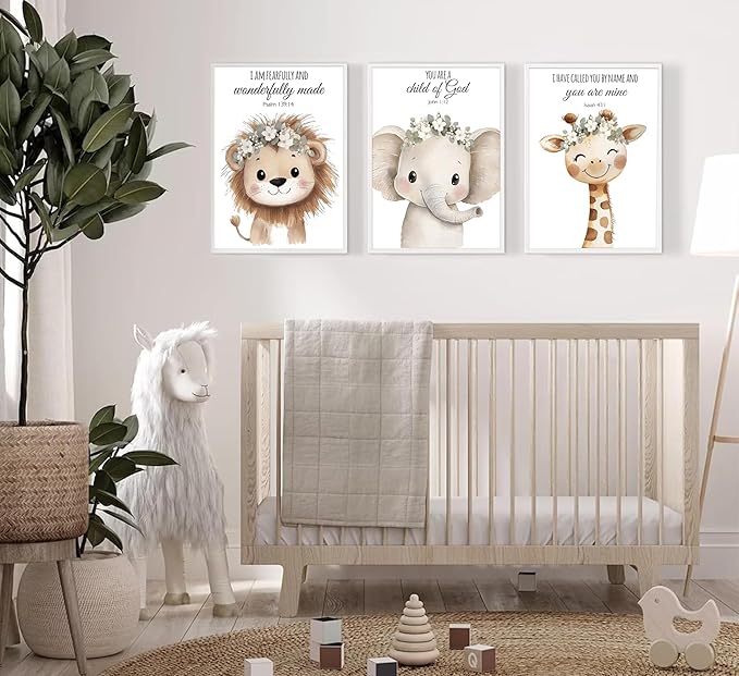 3 Pcs Nursery Bible Verse Animal Wall Art Cute Funny Safari Animals Christian Painting Picture Wall Decor Giraffe Elephant Lion Poster Print Artwork for Boys and Girls Home Decoration Unframed