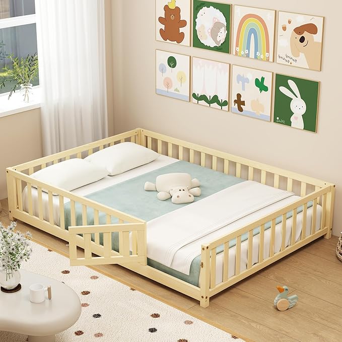 Giantex Full Floor Bed with Fence for Kids, Montessori Bed Frame with Door and Safety Guardrails, Solid Wood Floor BedsFull with Slats Support for Kids Boys Girls, Natural