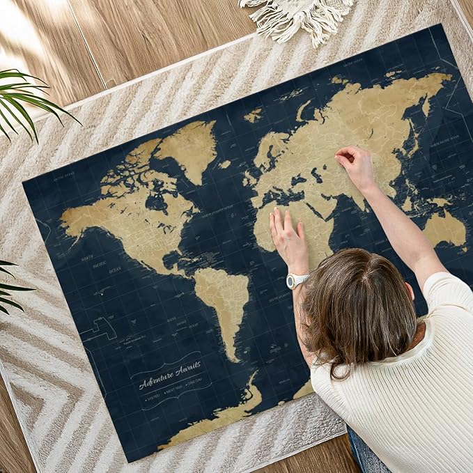 ElephantStock - Adventure Awaits World Map With Push Pins Wall Art - Horizontal Canvas Wall Art - Living Room Wall Decor - Digital Art Map Canvas Art - Gold And Blue Decor - 48" x 32"