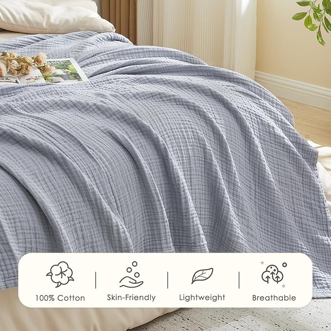 EMME Cotton Muslin Large Throw Blanket Couch Breathable Gauze Blanket Soft Lightweight Bed Blankets Adults (Dusty Blue, 50"x70")