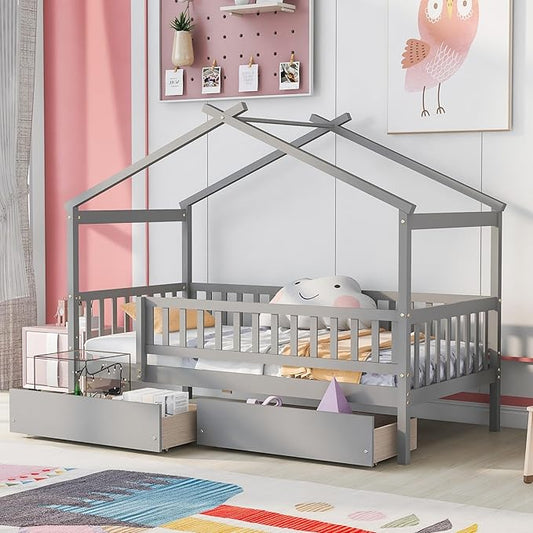 Merax Twin Size Wooden House Bed with Two Drawers, Wood Bed Frame with Roof and Safety Guardrail for Kids, Teens, Boys or Girls, Gray