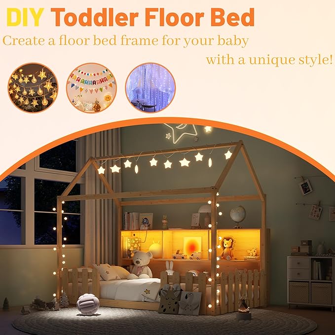 Twin Size Montessori Bed for Kids, Montessori Floor Bed with LED Light and Storage Bookshelf, Kids Beds with Guardrails for Boys & Girls, Natural