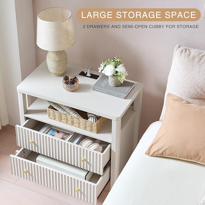 Fluted Nightstand with Charging Station, 27.3" Wide Modern Bedside Table with 2 Drawers & Open Shelf, Large Wood End Table with Storage & Metal Handle for Bedroom, Cream White