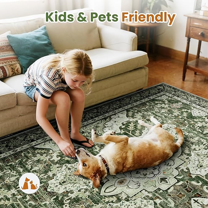 AMTOVO 6x9 Washable Area Rugs for Living Room, Non-Slip Boho Vintage Accent Medallion Print Pattern Carpet for Bedroom Dining Room Home Office Nursery Dorm Farmhouse, Dark Green