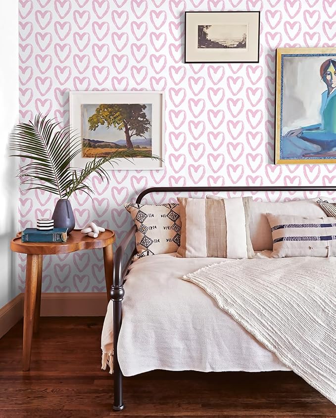 Timeet Pink Heart Wallpaper Peel and Stick Wallpaper Modern Wallpaper Pink White Contact Paper 17.7"x393.7" Self Adhesive Removable Wallpaper for Bedroom Kids Room Wall Decor
