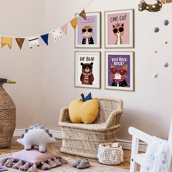 VONTP Funny Cat Bear Wall Art Decor, Cat Bear Animal Nursery Prints Poster Wall Decorations for Kids Boys Girls Nursery Toddler Room Bedroom Playroom Classroom, 8x10 Inch Set of 4 (Unframed)