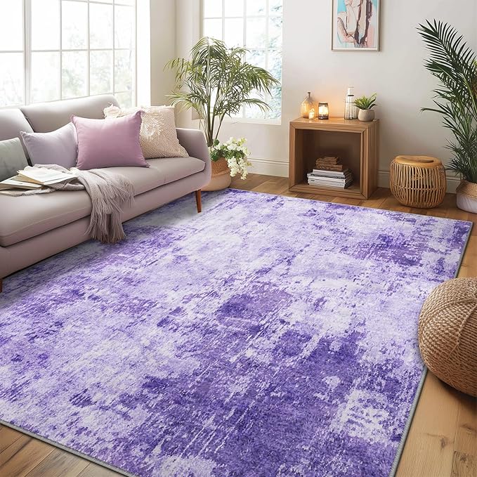 Washable Area Rugs 9'x12' Non-Slip Modern Abstract Soft for Living Room Entryway Bedroom Nursery, Print Pattern, Purple Gray Pink White