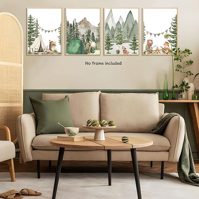 Kousne Woodland Adventure Nursery Canvas Wall Art Set of 4 Camping Animal Prints BearFox Rabbit Hiking PostersForest Mountain Themed Kids Room PictureNature Exploration Wall Decor Frameless 8x10In ﻿