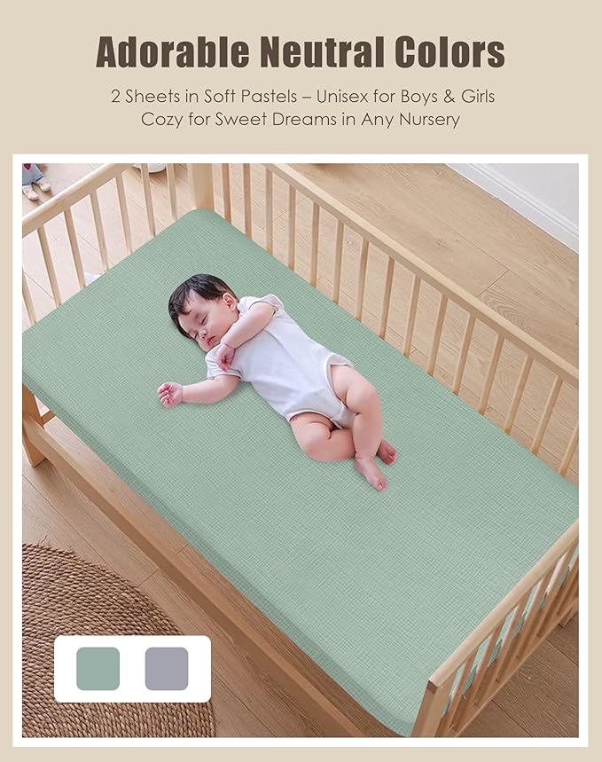 SWEET DOLPHIN 2-Pack Muslin Crib Sheets for Boys & Girls, Ultra Soft Breathable 40S Long-Staple Cotton Fitted Baby Sheets for Standard Crib Mattress 52"x28", Green and Grey- Nursery Essentials