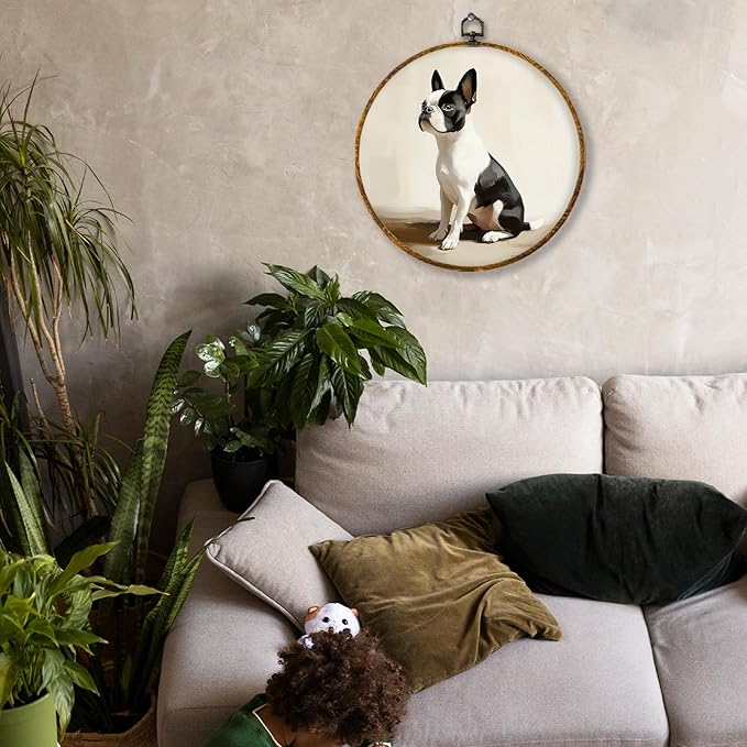 Hiuwevt Vintage Boston Terrier Dog Round Wall Art Decor, Cute Neutral Boston Terrier Framed Canvas Prints, Retro Dog Round Wall Hanging Decor for Home Bedroom Living Room Decorations, 10x10 Inches