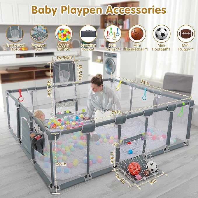 Baby playpen, 79"x71"Baby Playpen with Mat Indoor＆Outdoor Playpen for Babies and Toddlers with Breathable Play Pen with Ocean Balls Hanging Pocket Basketball Hoop and Football Goal