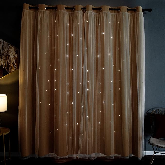 Kinryb Kids Blackout Curtains for Bedroom/Living Room/Classroom, Sheer Overlay 95 Inches 2 Panel Set, Double Layer Curtains with Star Cutout for Kids Room(W 52 x L 95 Inches,Yellow 2 Pcs)