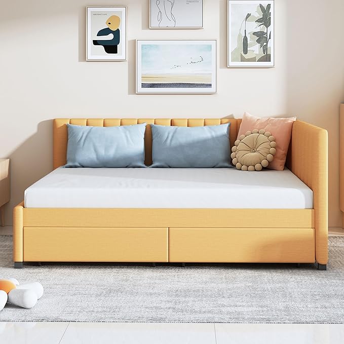 Harper & Bright Designs Full Size Upholstered Daybed with 2 Storage Drawers Sofa Bed Frame for Boys Girls Kids Adults Toddler No Box Spring Needed, Linen Fabric (Yellow)