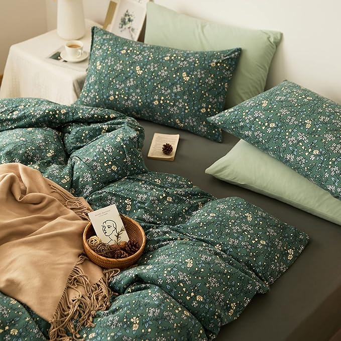 HighBuy Jersey Knit Cotton Duvet Cover Twin XL Green Floral Bedding Set 100% T-Shirt Comfy Bedding Sets Super Soft Garden Chic Knit Cotton Comforter Cover Twin XL Size