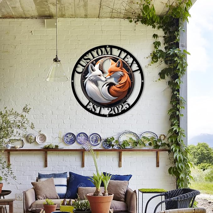Personalized Fantasy Fox Couple Metal Sign – Mystical White & Orange Foxes Under Moonlight – Custom Name & Est. Date – Enchanted Wall Art for Bedroom, Porch, or Gift