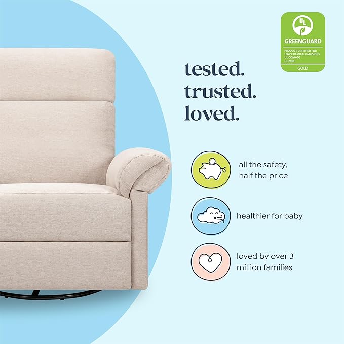 Davinci Suzy Flex Nursery Recliner and Swivel Glider with Adjustable Headrest and Armrests, High Pillowback in Beach | GREENGUARD Gold, FSC, CertiPUR-US® Certified