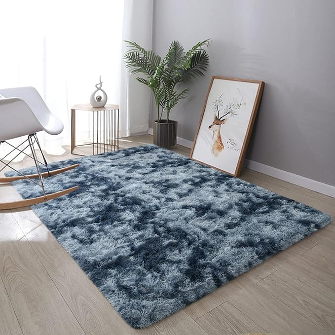 DweIke Fluffy Blue Grey Rugs for Bedroom Living Room, 4x6 Feet Soft Plush Shaggy Tie-Dyed Navy Blue Gray Girls Boys Kids Rug, Upgraded Non-Slip and Machine Washable Carpet for Dorm Nursery Decor