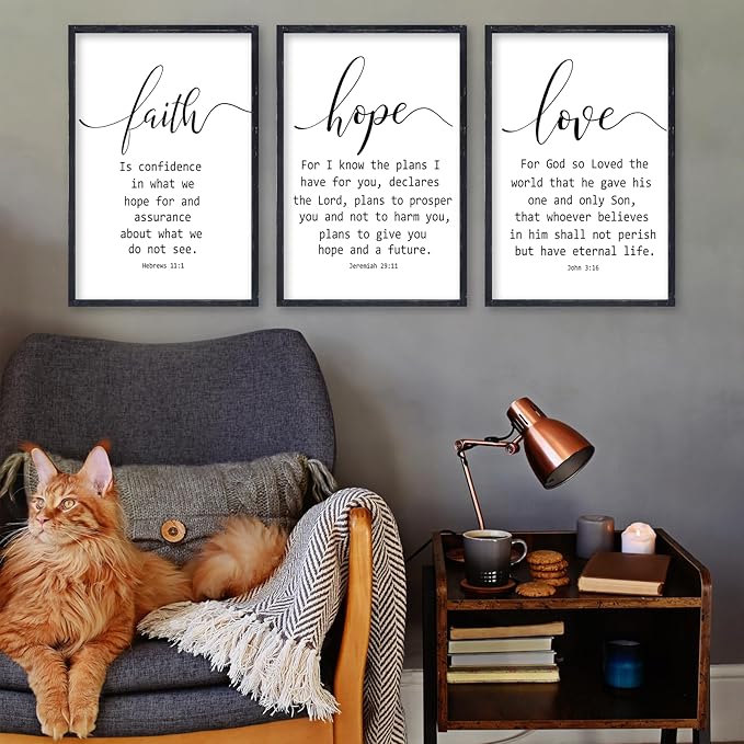 Faith Hope and Love Bible Verses Wall Decor Sign 16x24 Inch Wood Framed Set of 3 Farmhouse Living Room Christian Faith Scripture Art Inspirational Religious Quote Love Wall Hanging (Black)